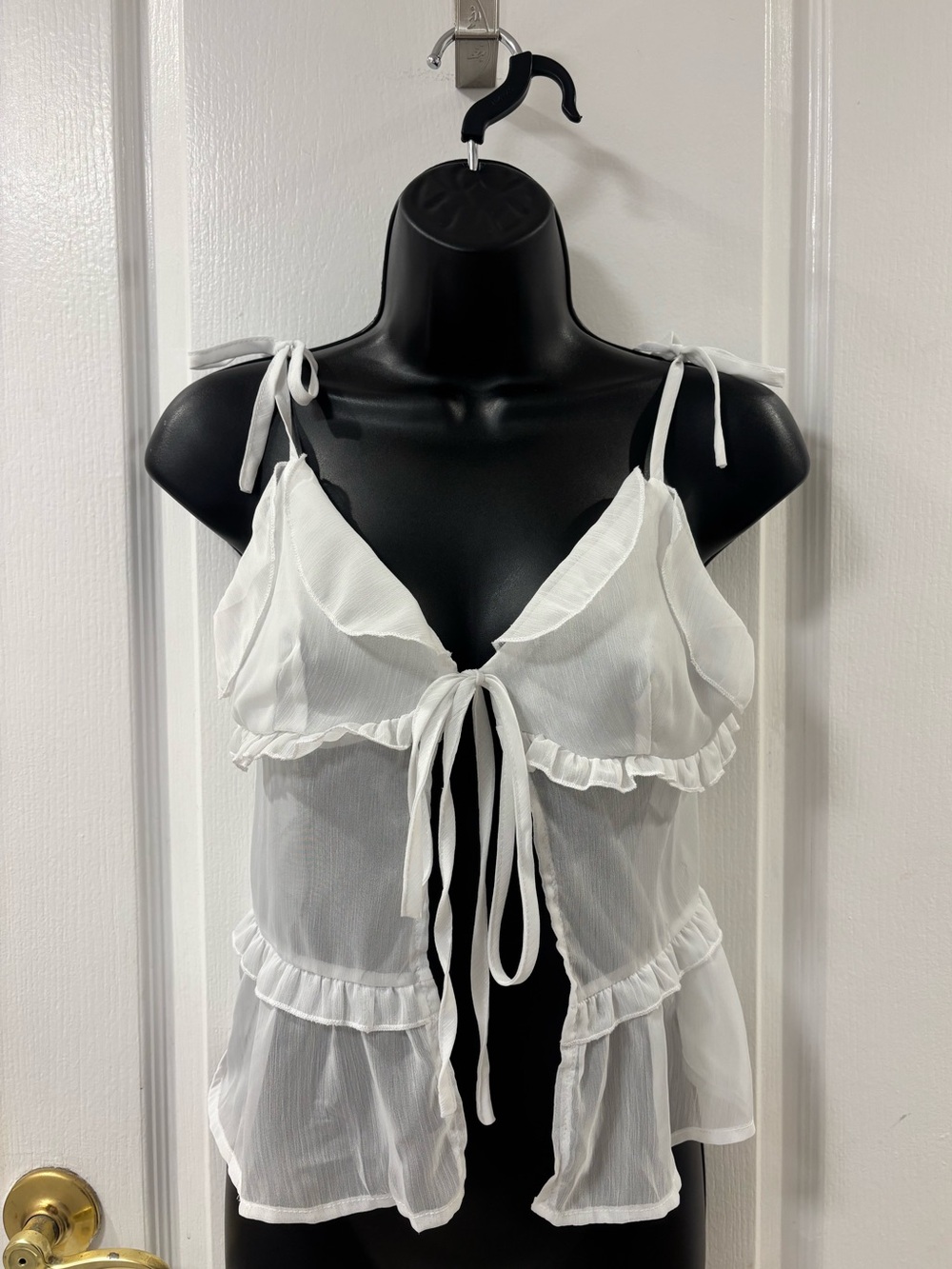 Boho Babydoll Sheer Ruffle Tie-Front Bow White Cami Tank Top Cover Up Festival S